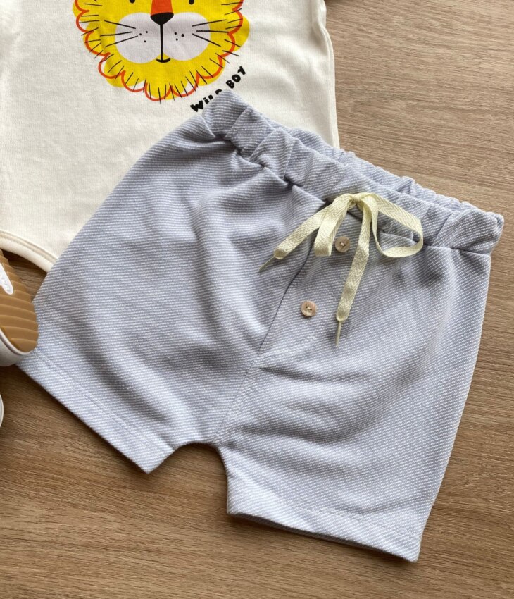 fernandaramoskids com br Conjunto Infantil Masculino Body Estampa Leão e Short Azul 1