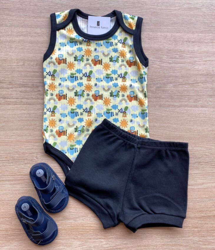 Conjunto Infantil Masculino Body Estampado e Short Preto Fernanda Ramos Kids