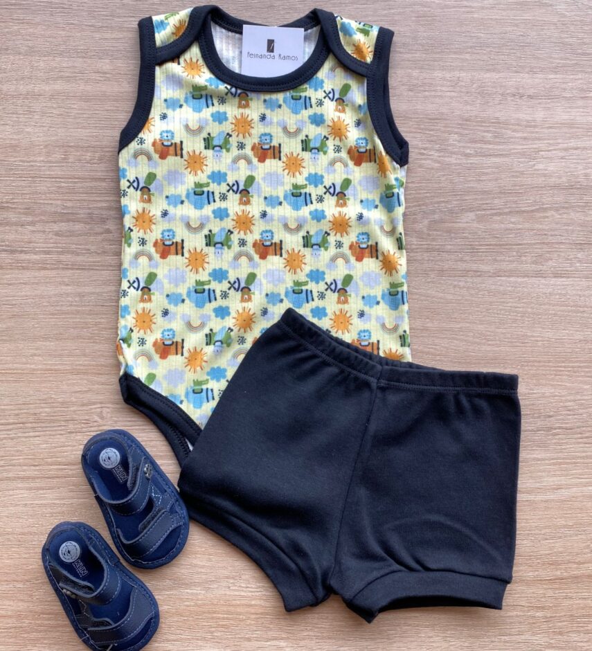 Conjunto Infantil Masculino Body Estampado e Short Preto Fernanda Ramos Kids