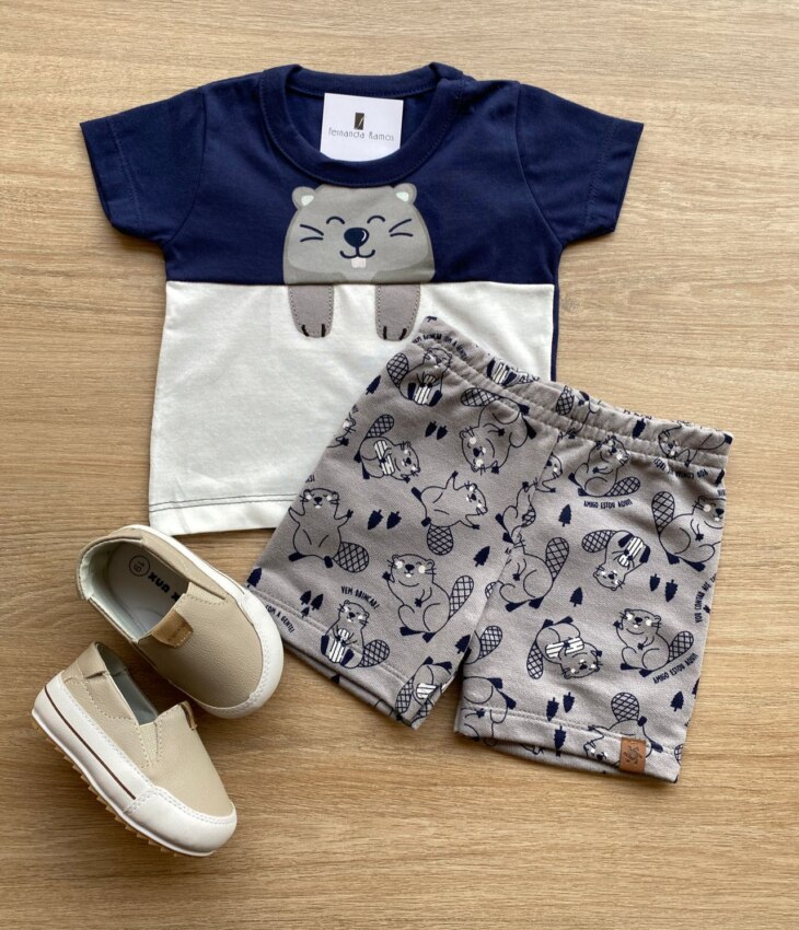 Conjunto Infantil Masculino Camiseta Azul Marinho e Bermuda Estampada Fernanda Ramos Kids