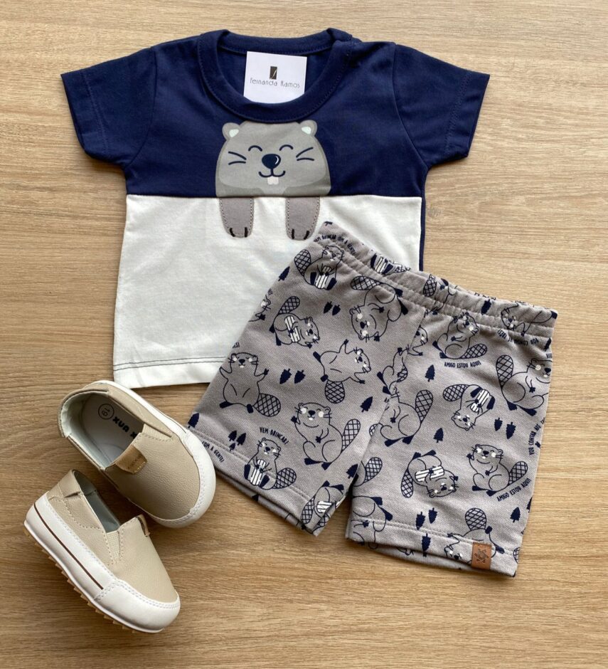 Conjunto Infantil Masculino Camiseta Azul Marinho e Bermuda Estampada Fernanda Ramos Kids