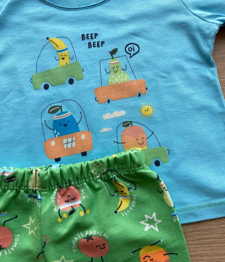 fernandaramoskids com br Conjunto Infantil Masculino Camiseta Beep Beep Azul e Bermuda Estampada 1