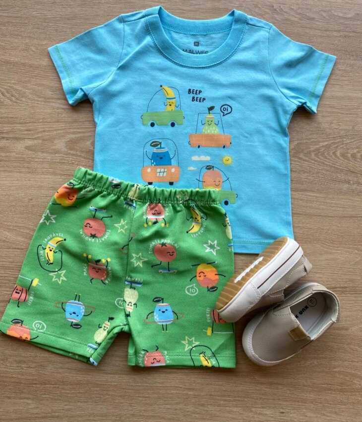Conjunto Infantil Masculino Camiseta Beep Beep Azul e Bermuda Estampada Fernanda Ramos Kids