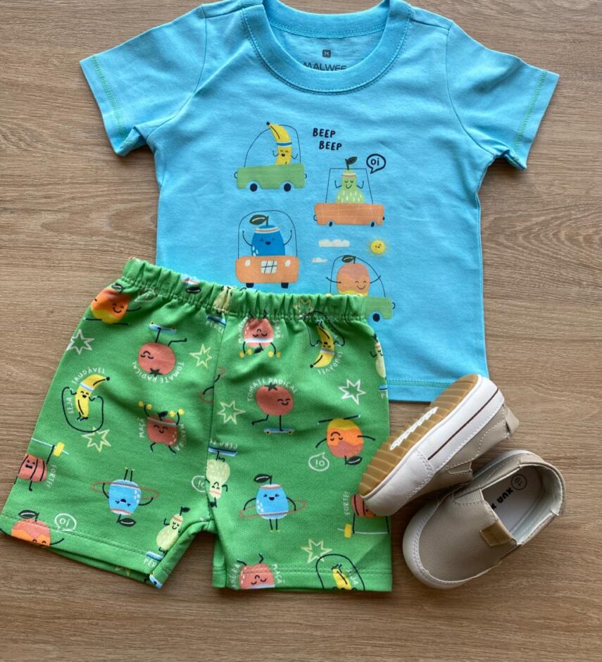 Conjunto Infantil Masculino Camiseta Beep Beep Azul e Bermuda Estampada Fernanda Ramos Kids