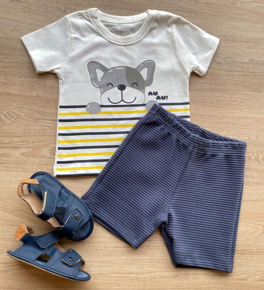 Conjunto Infantil Masculino Camiseta Dog Off White e Bermuda Fernanda Ramos Kids