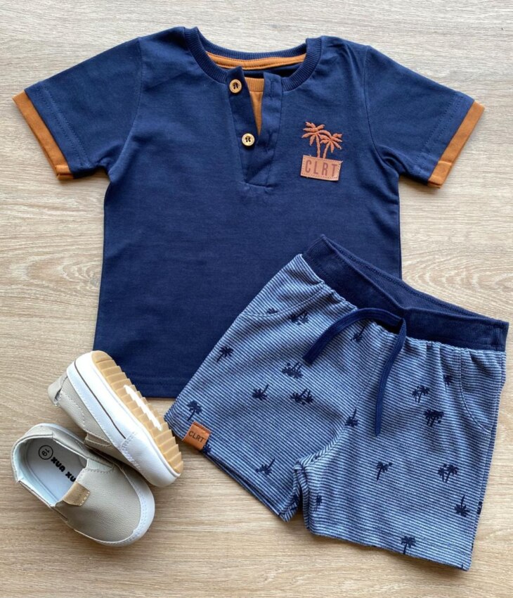 Conjunto Infantil Masculino Camiseta e Bermuda Azul Marinho Fernanda Ramos Kids