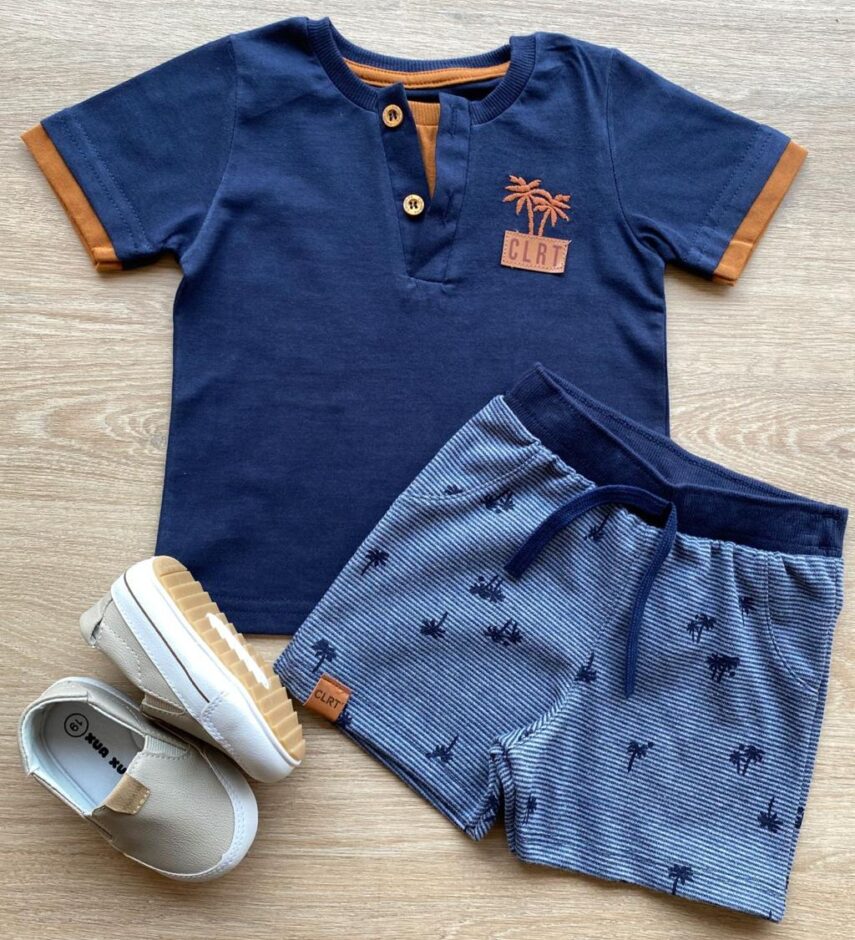 Conjunto Infantil Masculino Camiseta e Bermuda Azul Marinho Fernanda Ramos Kids