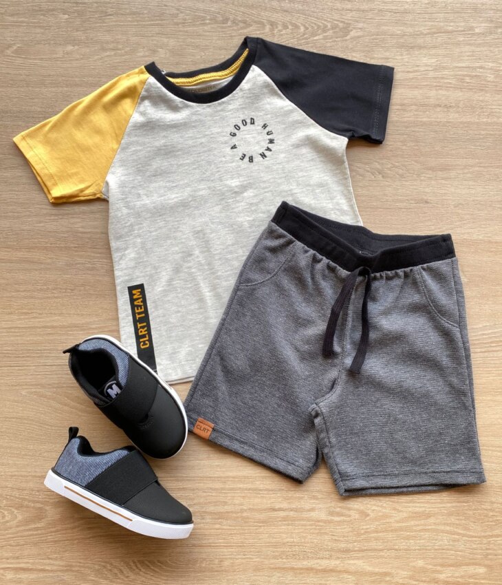 Conjunto Infantil Masculino Camiseta e Bermuda Cinza Fernanda Ramos Kids