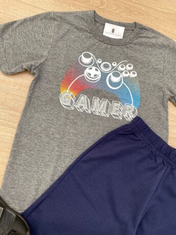 fernandaramoskids com br Conjunto Infantil Masculino Camiseta Gamer Cinza e Bermuda Azul 1