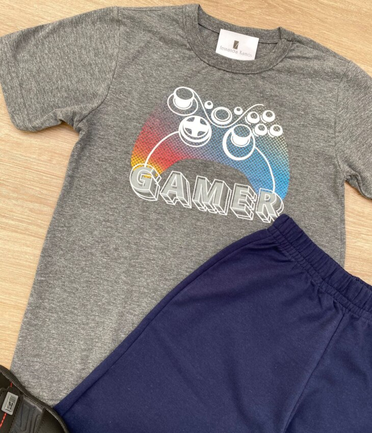 fernandaramoskids com br Conjunto Infantil Masculino Camiseta Gamer Cinza e Bermuda Azul 1