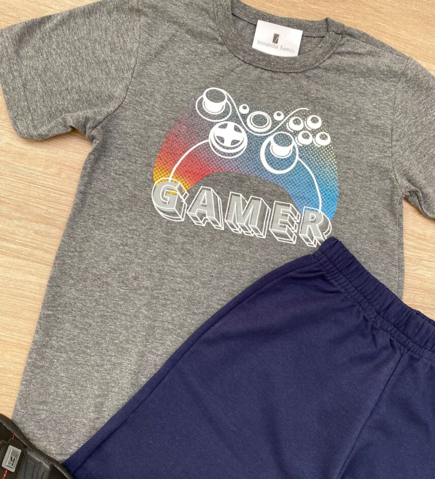 fernandaramoskids com br Conjunto Infantil Masculino Camiseta Gamer Cinza e Bermuda Azul 1
