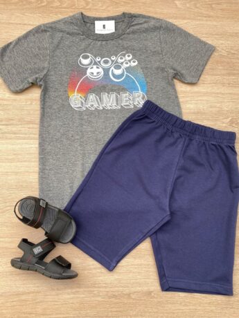 Conjunto Infantil Masculino Camiseta Gamer Cinza e Bermuda Azul Fernanda Ramos Kids