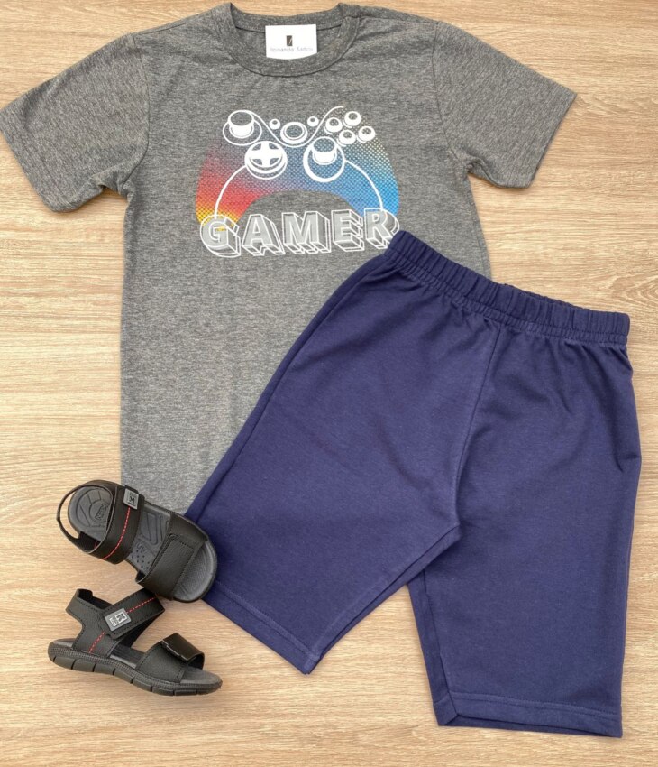 Conjunto Infantil Masculino Camiseta Gamer Cinza e Bermuda Azul Fernanda Ramos Kids