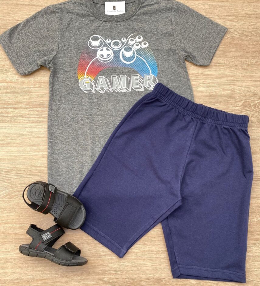 Conjunto Infantil Masculino Camiseta Gamer Cinza e Bermuda Azul Fernanda Ramos Kids