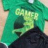 fernandaramoskids com br Conjunto Infantil Masculino Camiseta Gamer Verde e Bermuda Preta 1