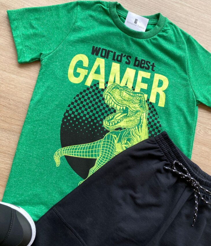fernandaramoskids com br Conjunto Infantil Masculino Camiseta Gamer Verde e Bermuda Preta 1