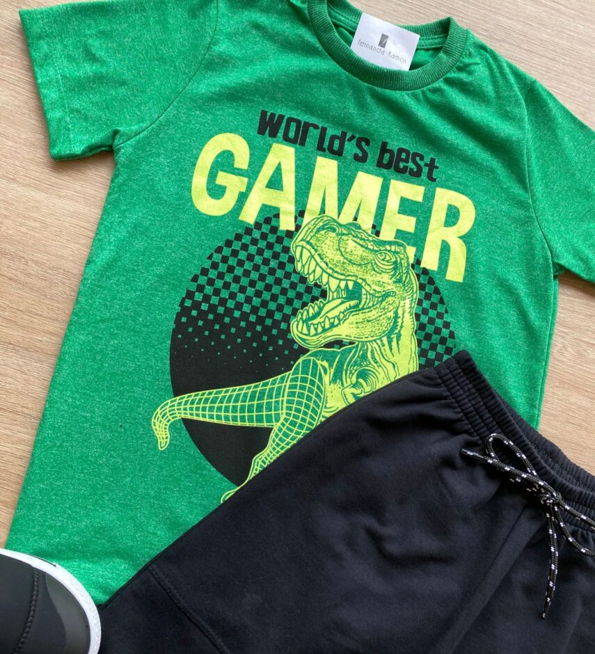 fernandaramoskids com br Conjunto Infantil Masculino Camiseta Gamer Verde e Bermuda Preta 1