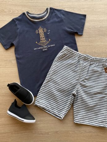 Conjunto Infantil Masculino Camiseta Grafite e Bermuda Listrada Fernanda Ramos Kids
