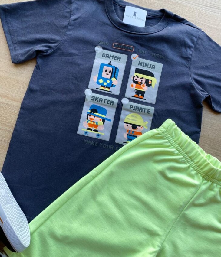 fernandaramoskids com br Conjunto Infantil Masculino Camiseta Grafite e Bermuda Verde 2