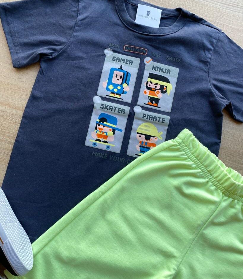 fernandaramoskids com br Conjunto Infantil Masculino Camiseta Grafite e Bermuda Verde 2