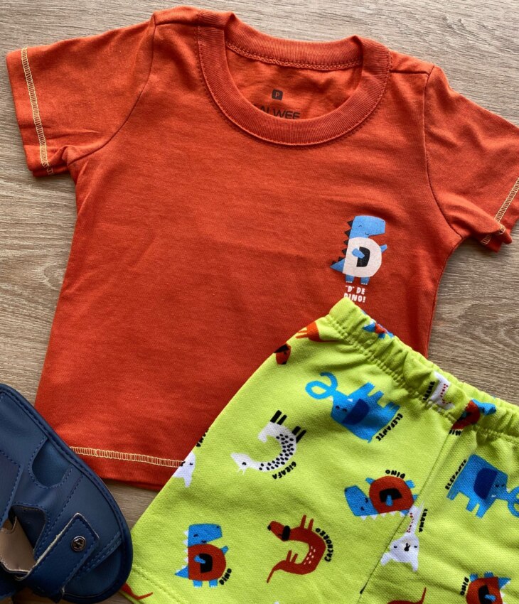 fernandaramoskids com br Conjunto Infantil Masculino Camiseta Laranja e Bermuda Estampada Verde 1