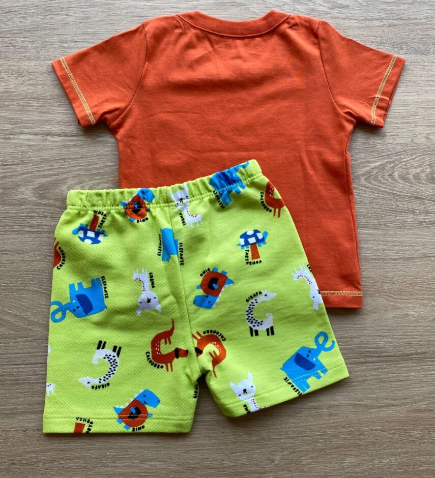 fernandaramoskids com br Conjunto Infantil Masculino Camiseta Laranja e Bermuda Estampada Verde 2
