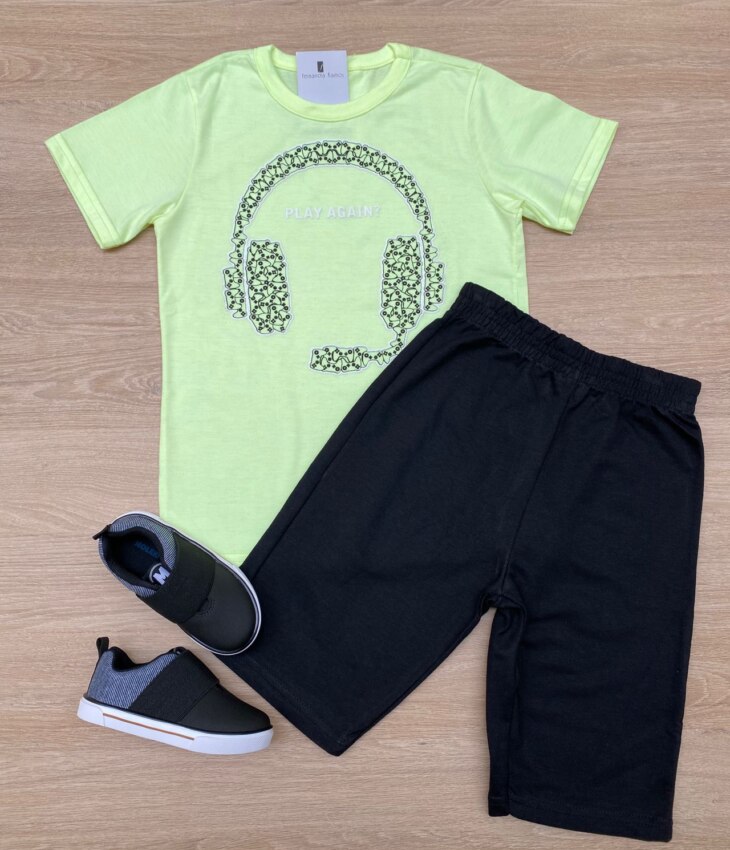 Conjunto Infantil Masculino Camiseta Play Again e Bermuda Preta Fernanda Ramos Kids