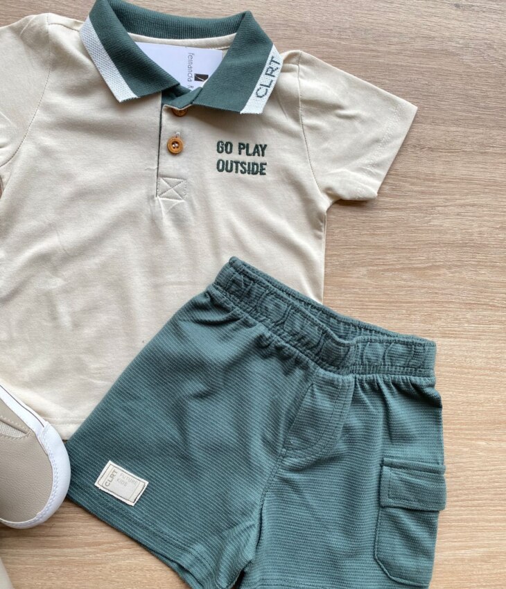 fernandaramoskids com br Conjunto Infantil Masculino Camiseta Polo Nude Bermuda Verde 1