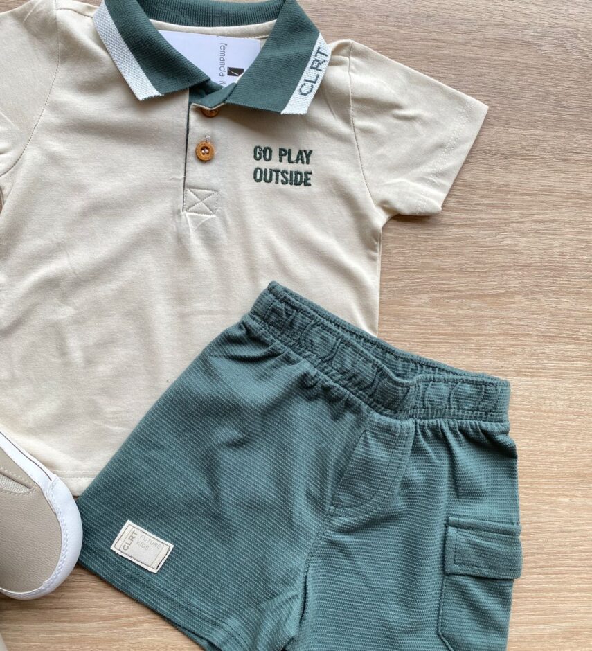 fernandaramoskids com br Conjunto Infantil Masculino Camiseta Polo Nude Bermuda Verde 1