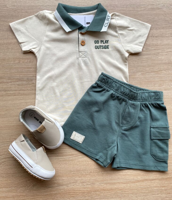 Conjunto Infantil Masculino Camiseta Polo Nude Bermuda Verde Fernanda Ramos Kids