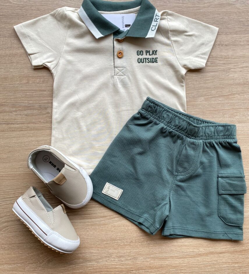 Conjunto Infantil Masculino Camiseta Polo Nude Bermuda Verde Fernanda Ramos Kids