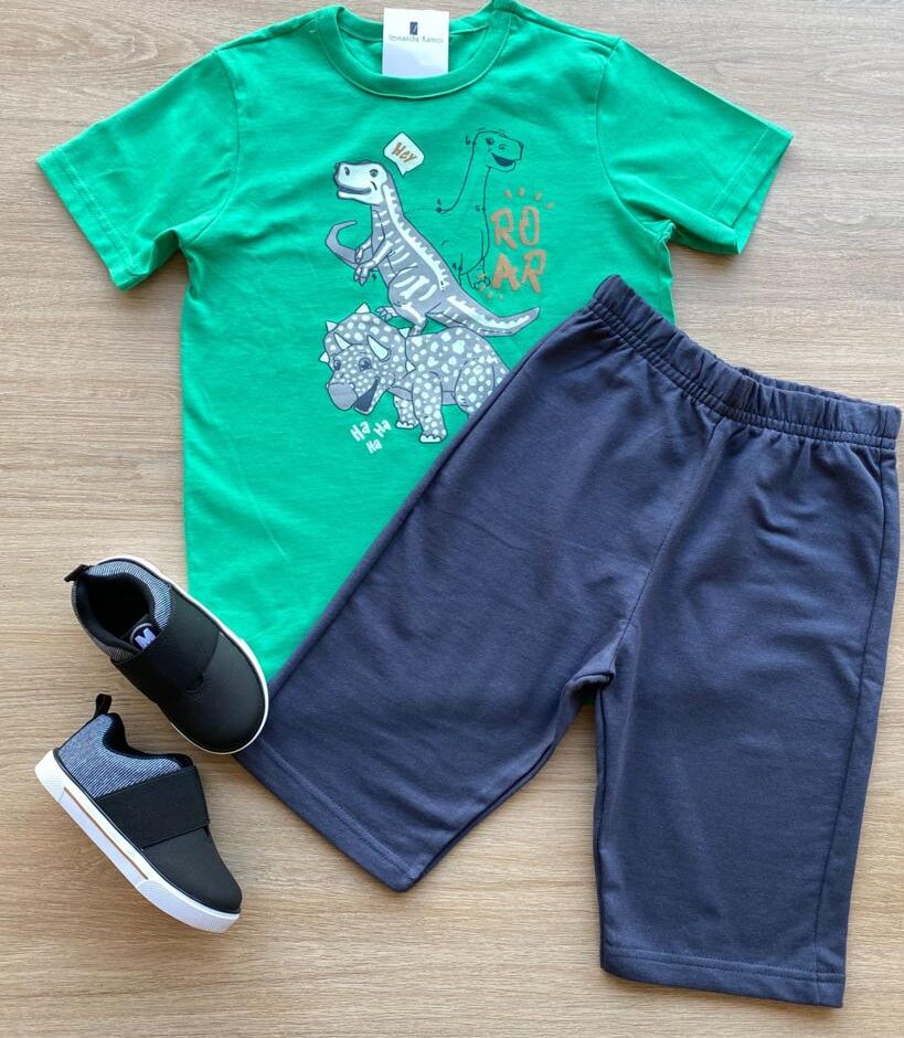 Conjunto Infantil Masculino Camiseta Verde e Bermuda Grafite Fernanda Ramos Kids