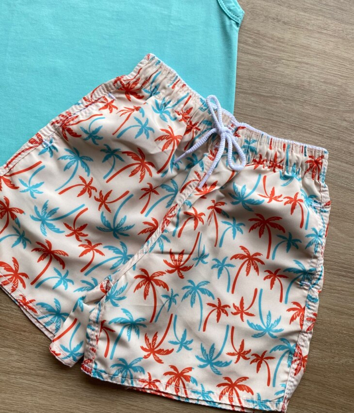 fernandaramoskids com br Conjunto Infantil Masculino Regata Azul e Bermuda Estampa Coqueiro 1