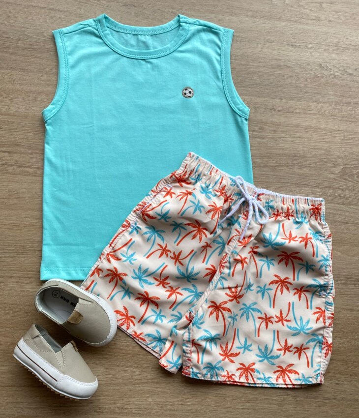 Conjunto Infantil Masculino Regata Azul e Bermuda Estampa Coqueiro Fernanda Ramos Kids