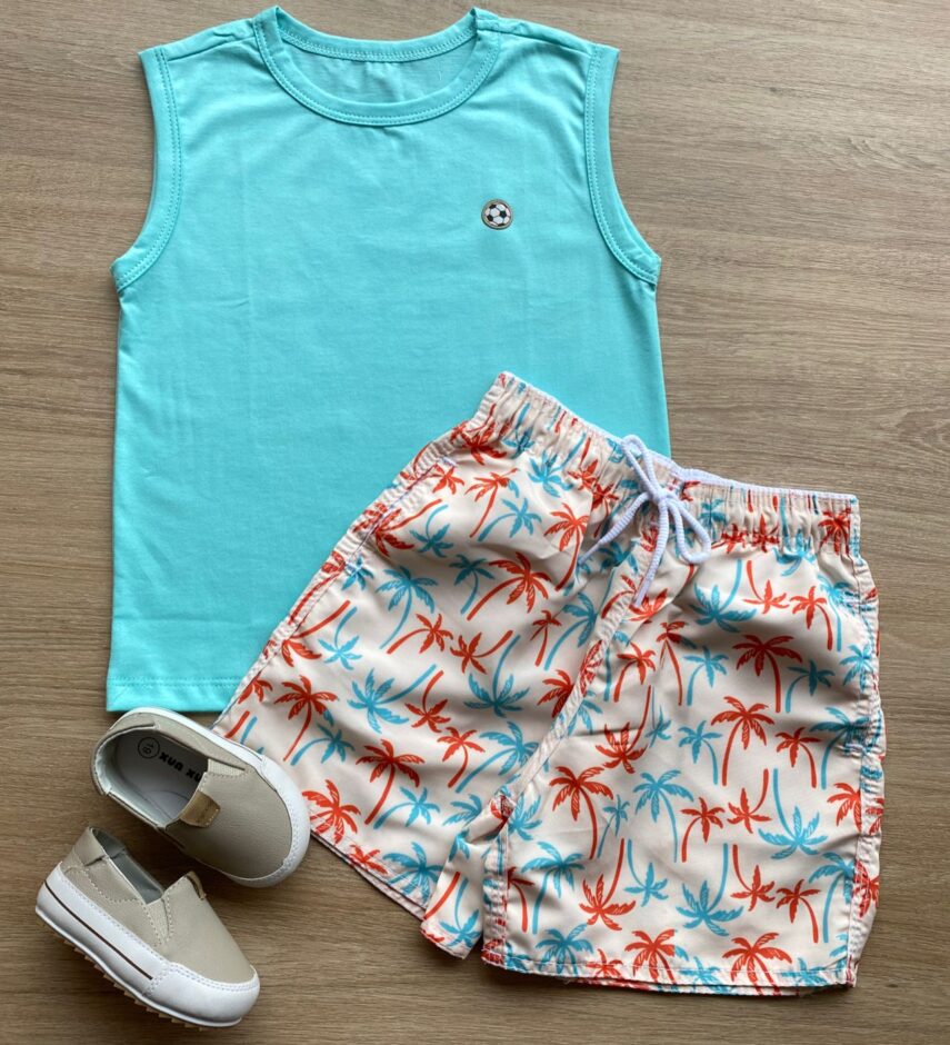 Conjunto Infantil Masculino Regata Azul e Bermuda Estampa Coqueiro Fernanda Ramos Kids