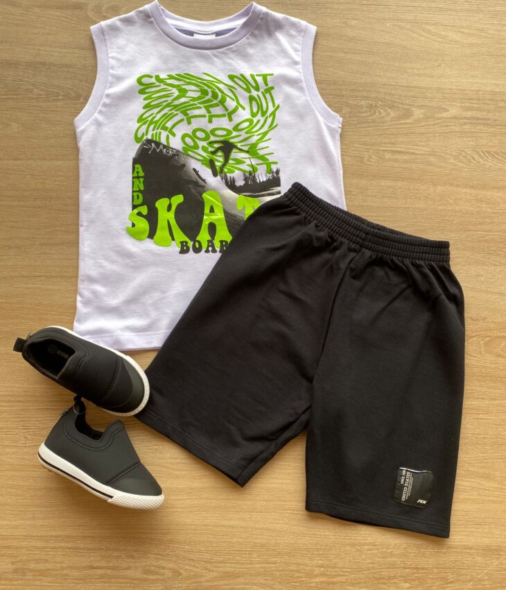 Conjunto Infantil Masculino Regata Branca e Bermuda Preta Fernanda Ramos Kids