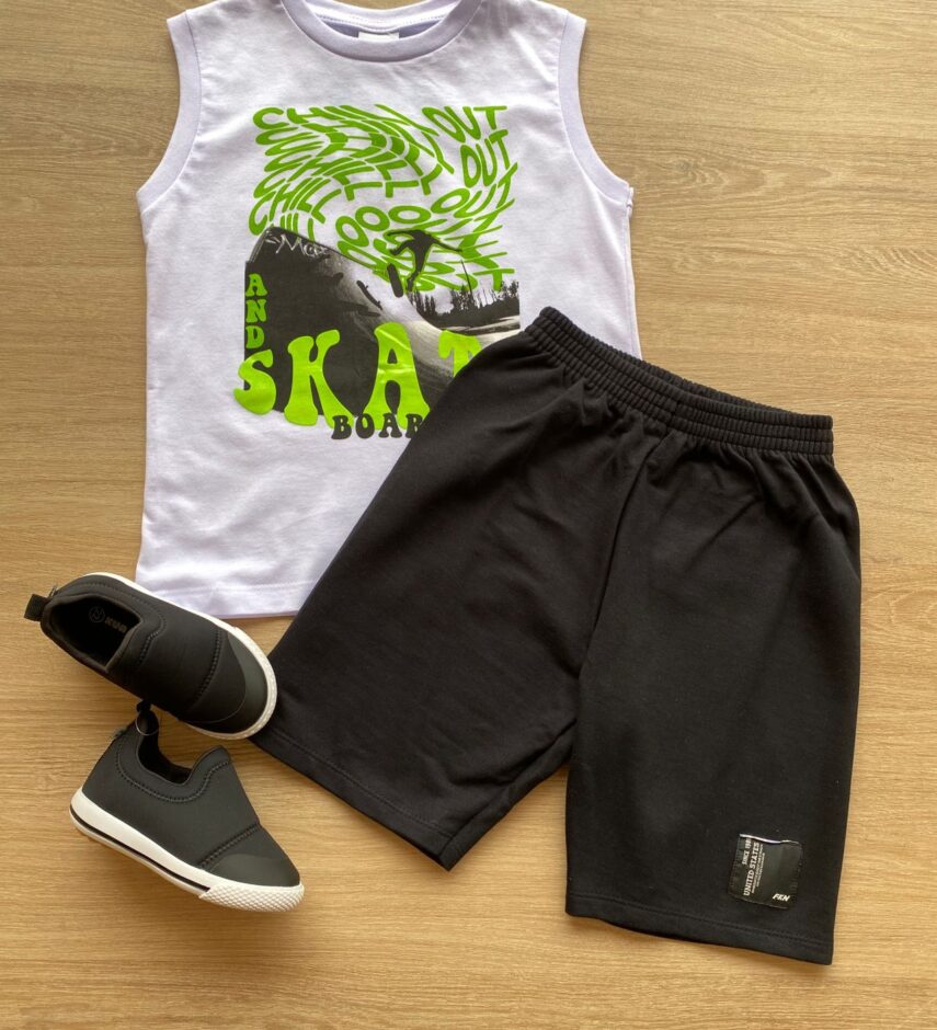 Conjunto Infantil Masculino Regata Branca e Bermuda Preta Fernanda Ramos Kids
