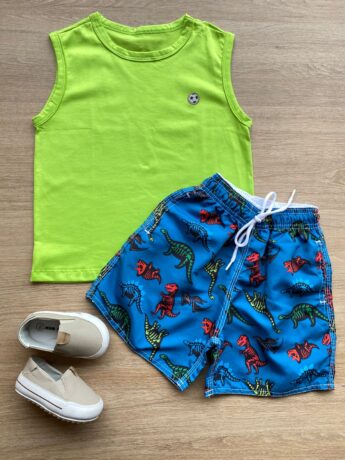 Conjunto Infantil Masculino Regata Verde e Bermuda Estampada Fernanda Ramos Kids