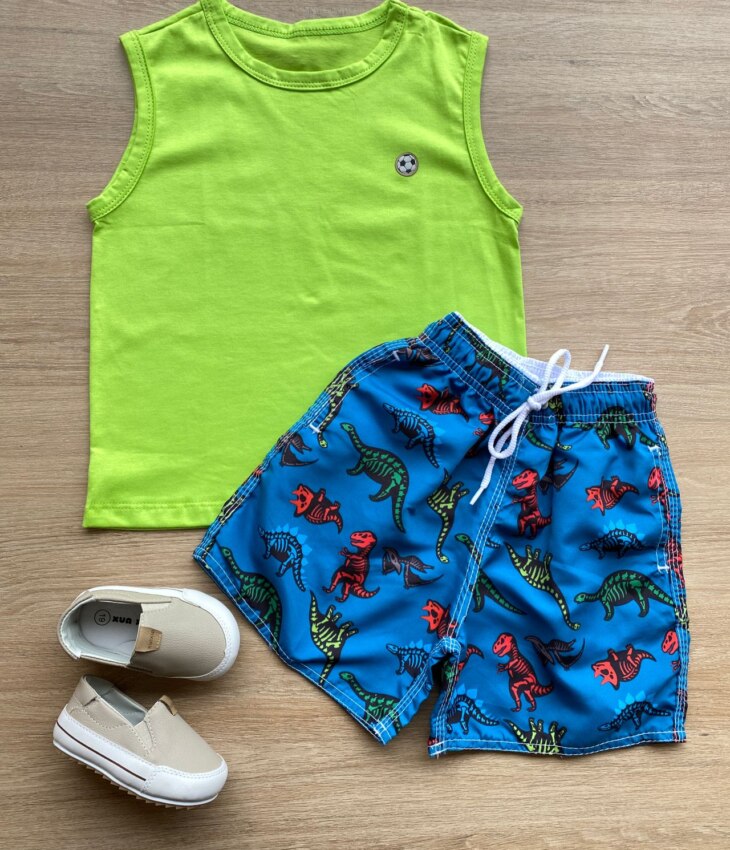 Conjunto Infantil Masculino Regata Verde e Bermuda Estampada Fernanda Ramos Kids