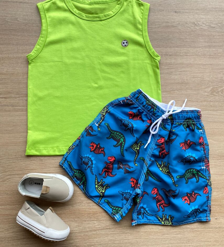 Conjunto Infantil Masculino Regata Verde e Bermuda Estampada Fernanda Ramos Kids
