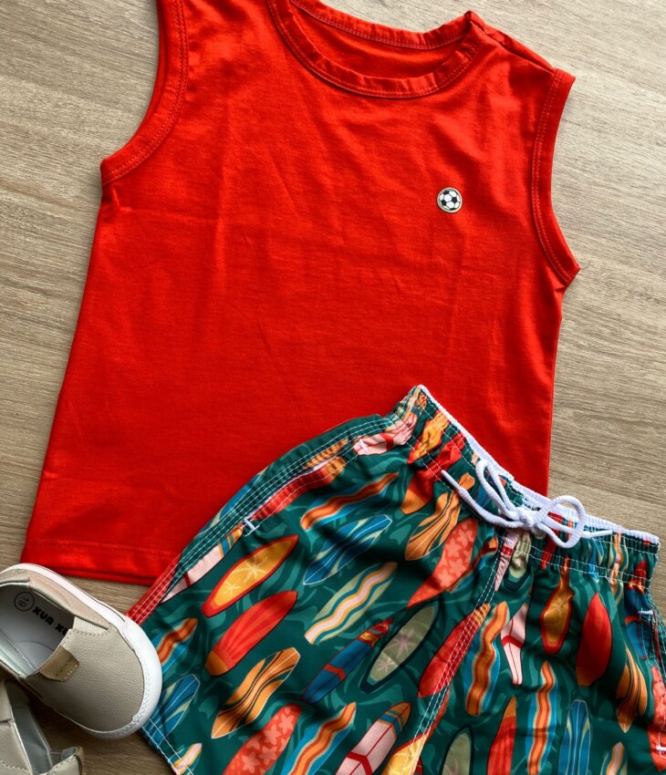 fernandaramoskids com br Conjunto Infantil Masculino Regata Vermelha e Bermuda Estampada 1