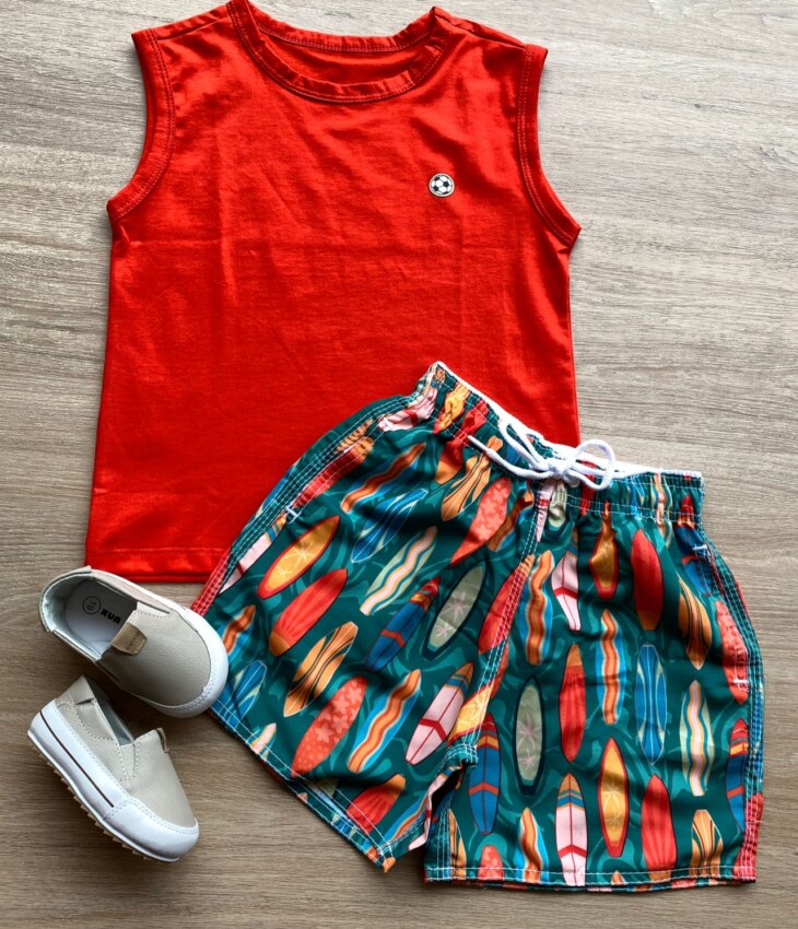 Conjunto Infantil Masculino Regata Vermelha e Bermuda Estampada Fernanda Ramos Kids