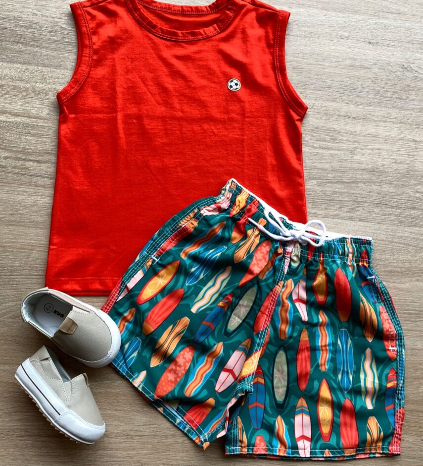 Conjunto Infantil Masculino Regata Vermelha e Bermuda Estampada Fernanda Ramos Kids
