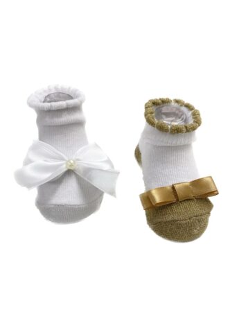Kit 2 Pares de Meia Infantil Feminina Laço 1 Branca e 1 Dourada Fernanda Ramos Kids