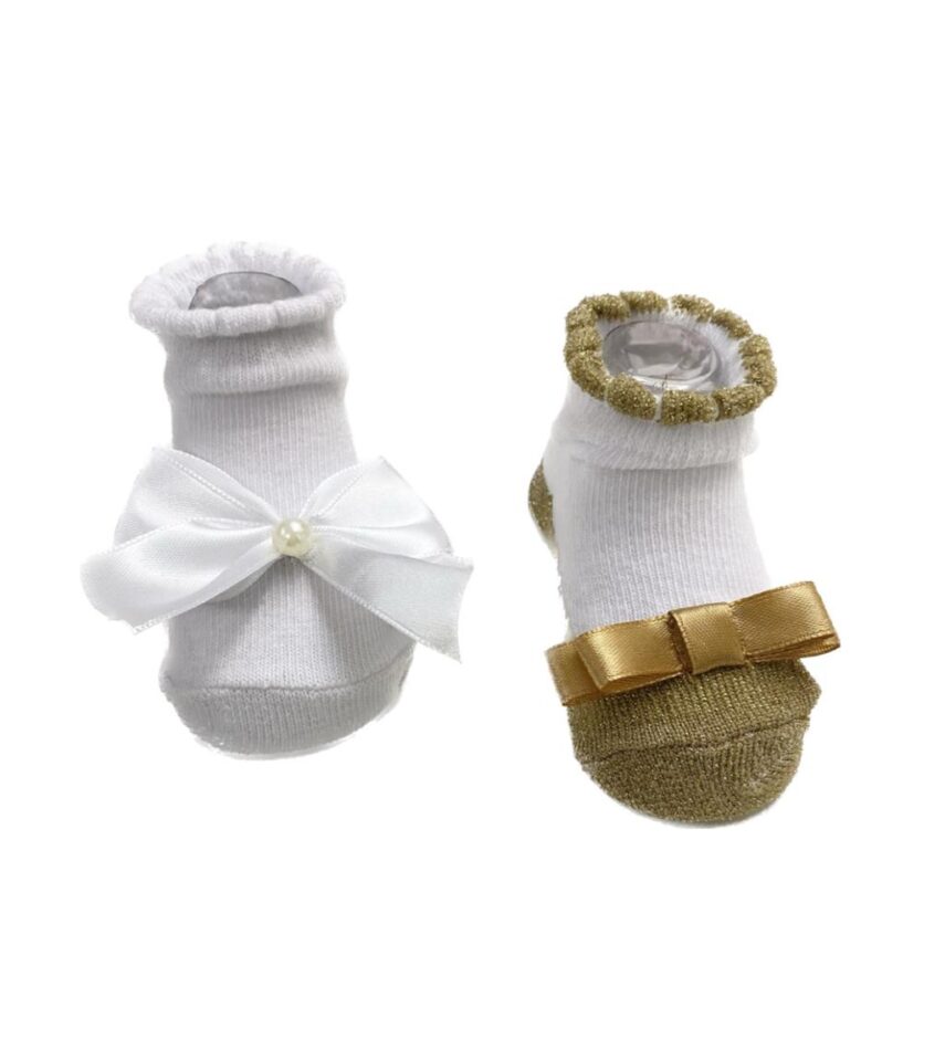 Kit 2 Pares de Meia Infantil Feminina Laço 1 Branca e 1 Dourada Fernanda Ramos Kids