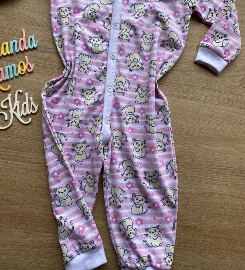 fernandaramoskids com br Macacão Pijama Infantil Feminino Estampa Gatinhos Rosa 2