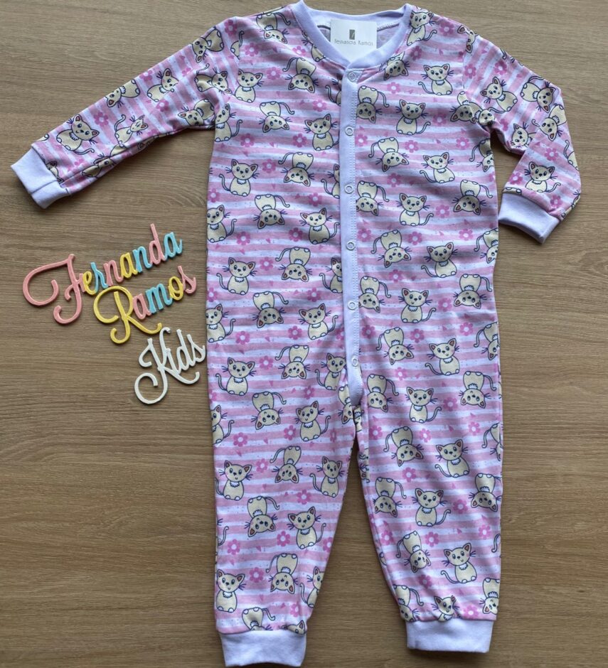 fernandaramoskids com br Macacão Pijama Infantil Feminino Estampa Gatinhos Rosa 3