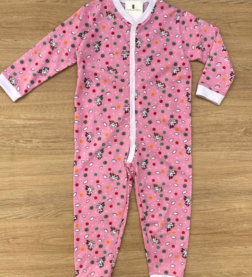 Macacão Pijama Infantil Feminino Estampa Unicórnios Rosa Fernanda Ramos Kids