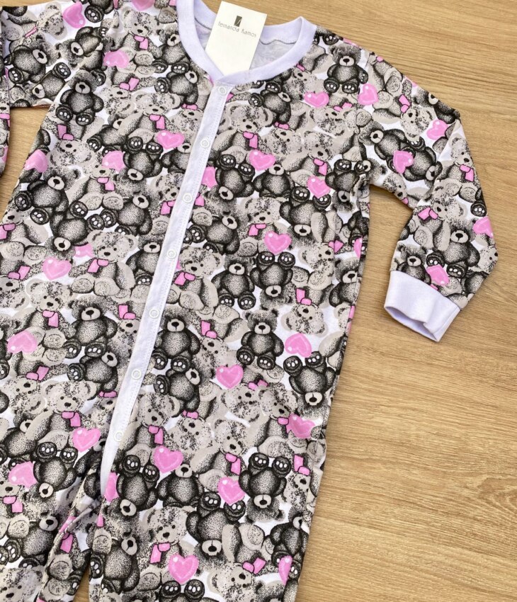 fernandaramoskids com br Macacão Pijama Infantil Feminino Estampa Urso Cinza e Rosa 1