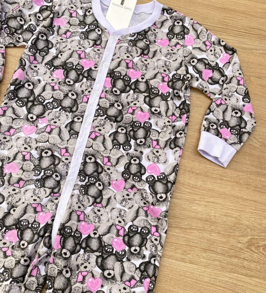 fernandaramoskids com br Macacão Pijama Infantil Feminino Estampa Urso Cinza e Rosa 1
